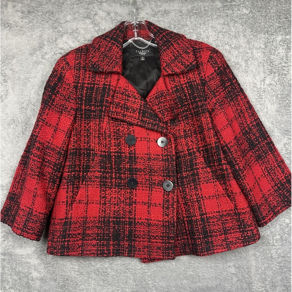 Talbots Jacket‎ Women's Petite 12P Red Black Pea Coat Double Breasted Wool Blend